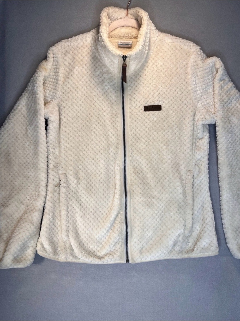 Columbia Cream Textured Fleece Jacket Full Zip Womens Medium Zip Pockets